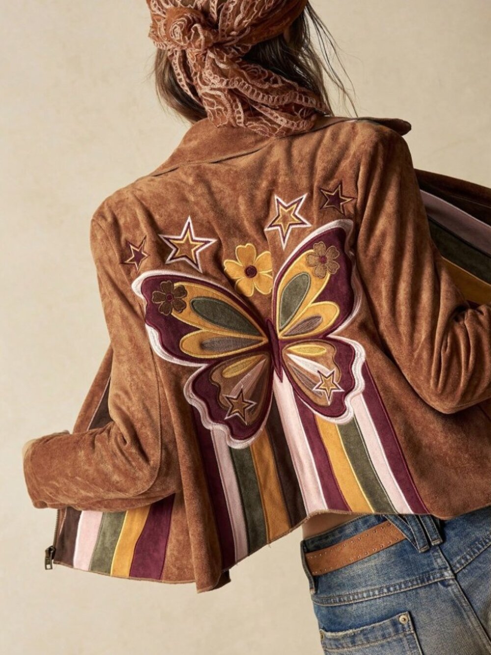 Brown Vegan Suede Butterfly Embroidered Cropped Trucker Jacket - Picture 2 of 8